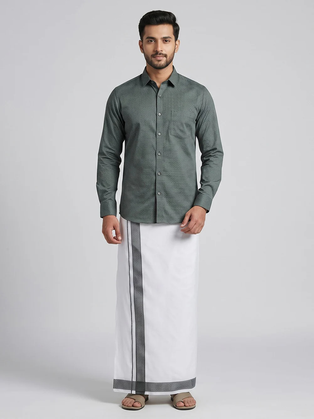 Men Teal Green Matching Border Dhoti With Printed Shirt Set Windsor HNJ5